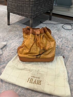 Alviero Martini Cognac Leather and canvas Drawstring Bucket Bag with Map Print